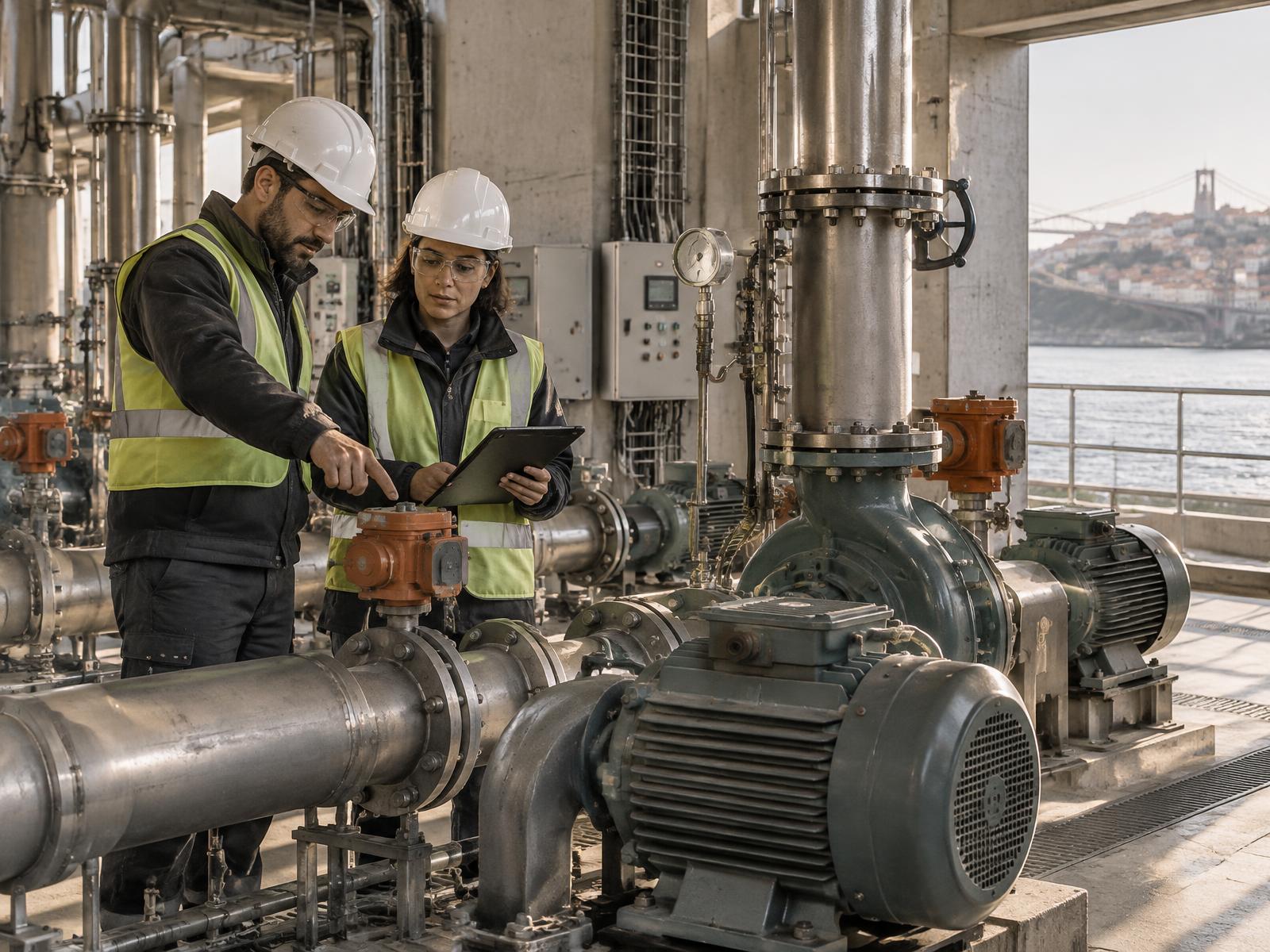 Engenheiros a avaliar equipamentos numa instalação técnica industrial