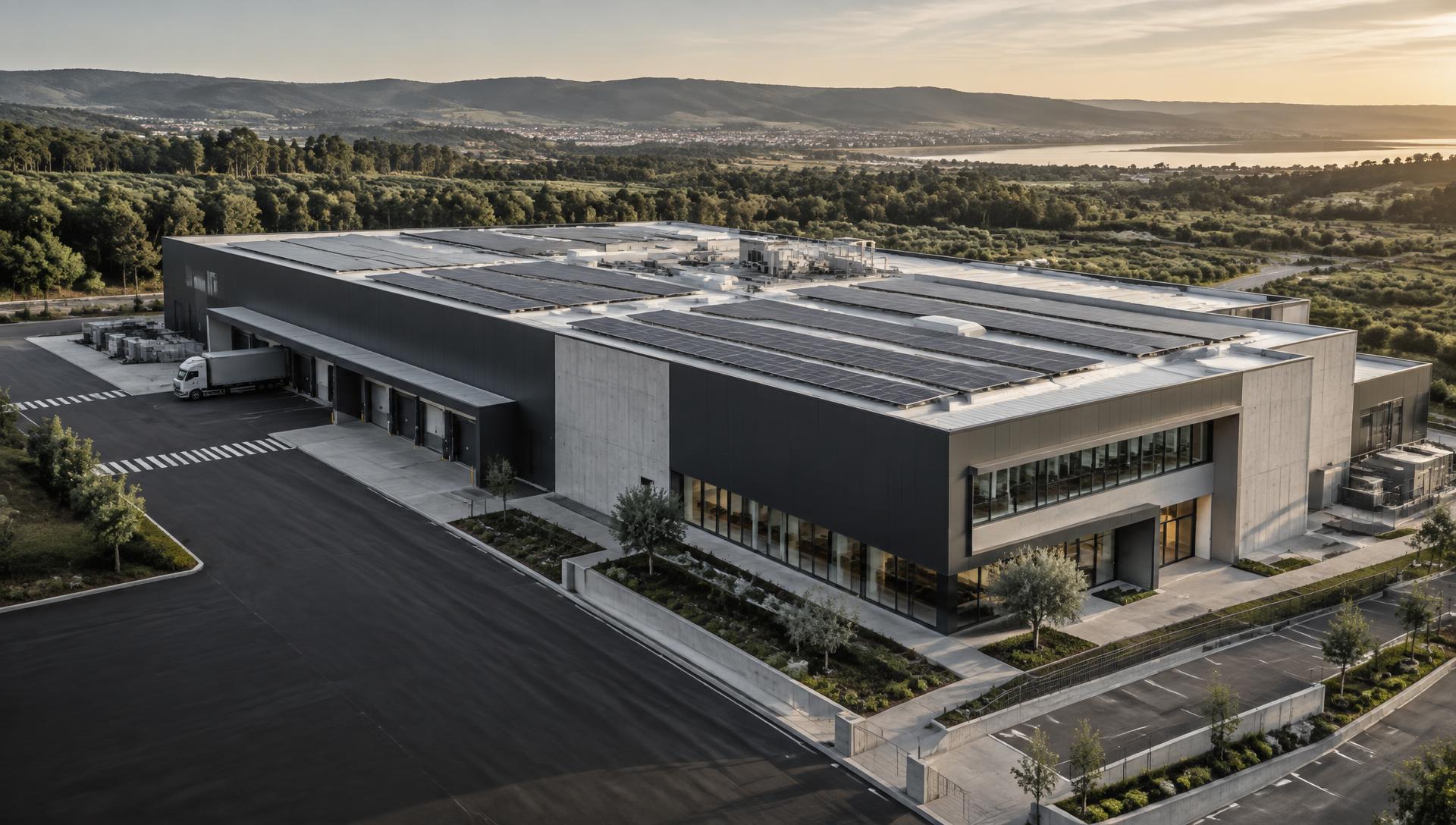 Instalação industrial contemporânea com painéis fotovoltaicos integrados na cobertura